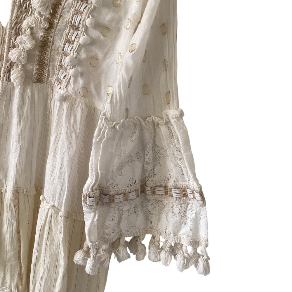 Rise & Blossom Gold Dot Tiered Tassel Pom‎ Pom V-Neck Tunic Dress S/P CH - Picture 12 of 14